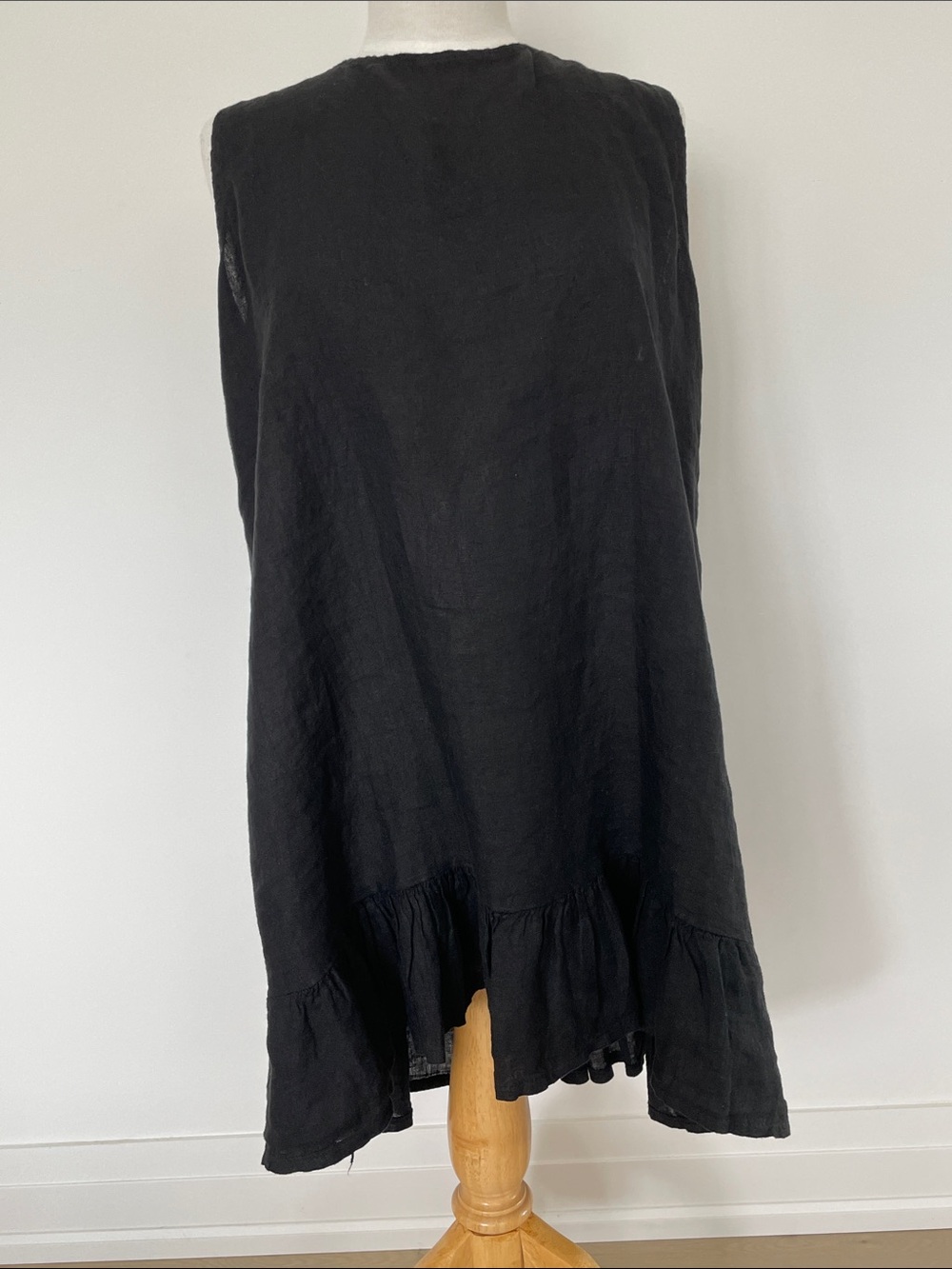 Me&Gee Italian Linen Black Mini Dress with Ruffle Hem and Bow Tie Back